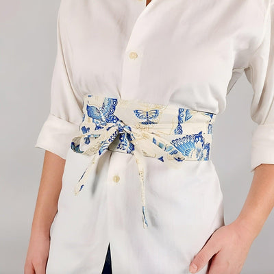 Butterfly Print Obi Belt White Polyester - Model Lynseeie