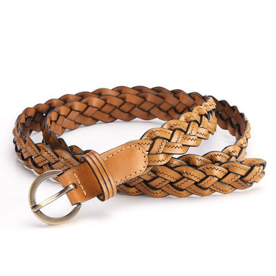 Tan Braided Belt for Women Gold Round Buckle - Model Charli