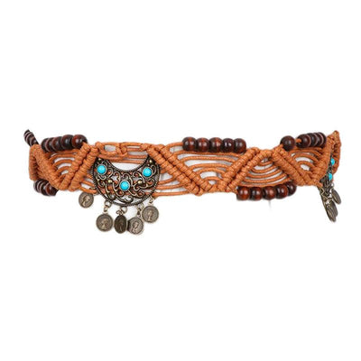 Waxed Cotton Cord Belt with Wooden Beads - Model Greyson