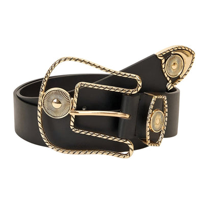 Gold Buckle Western Belt With Black Vegan Strap - Model Jess