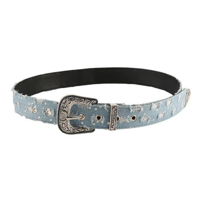 Blue Denim Western Belt With Silver Buckle - Model Alex