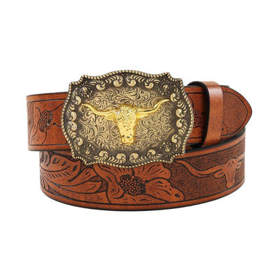 Men's Western Belt With Golden Bull Head Buckle - Model Kari