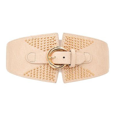 Beige Studded Wide Belt with Gold Round Buckle - Model Tao