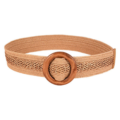 Beige Rafia Belt With Round Wooden Buckle - Model Maxwell
