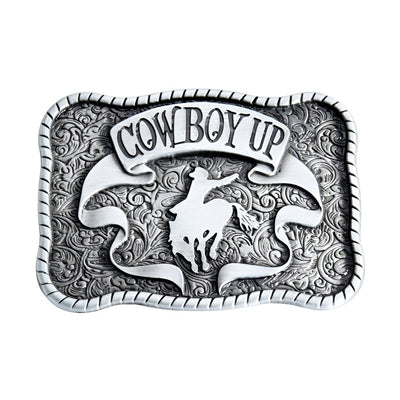 Western Belt Buckle Cowboy Up Silver Alloy - Model Taylori